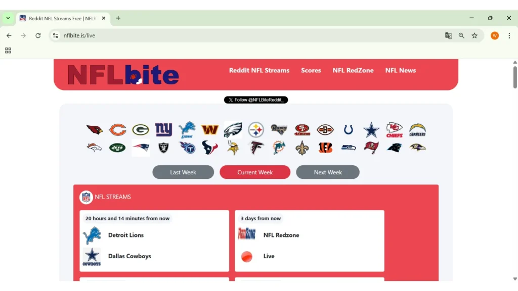 Homepage interface of NFLBite showing free NFL game streams, one of the cheapest way to watch NFL games