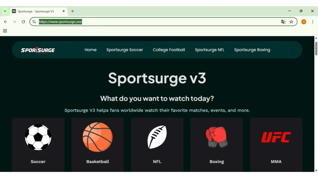 Sportsurge live sports interface displaying NFL streaming links, commonly used as one of the cheapest way to watch NFL games