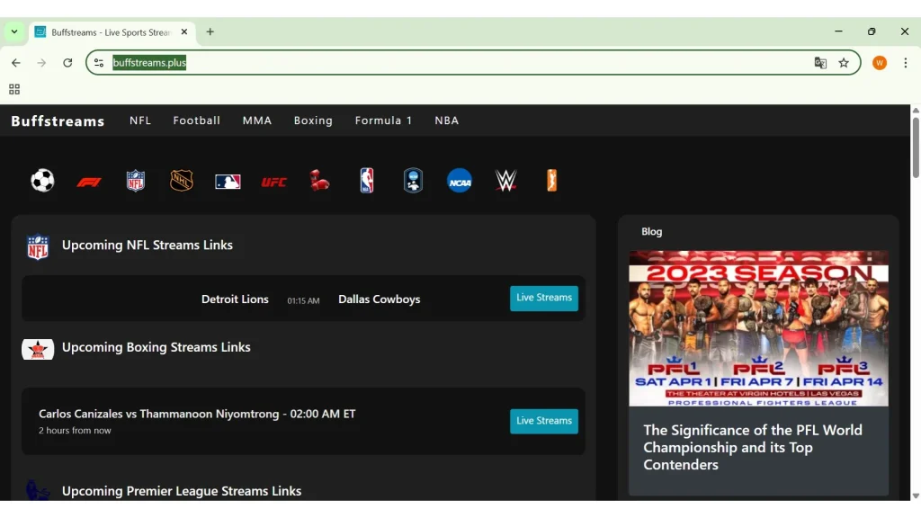 BuffStreams NFL streaming page showing free game links – a commonly mentioned option when searching for the cheapest way to watch NFL games