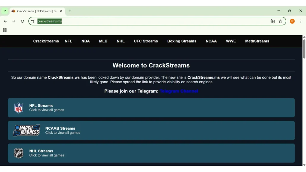 CrackStreams NFL live streaming interface displaying free game links – another site people check when looking for the cheapest way to watch NFL games