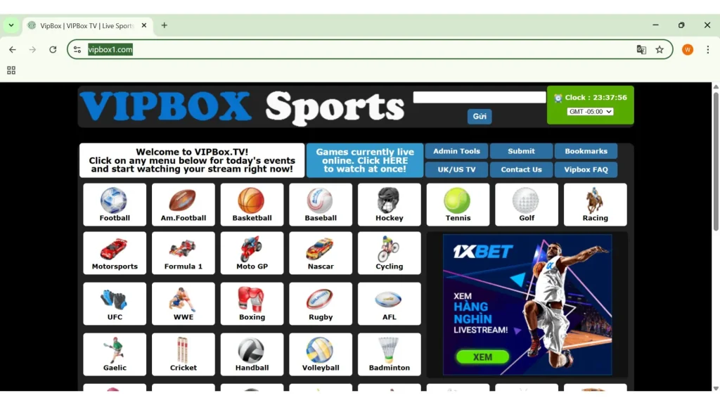 VIPBox NFL streaming page interface with free live game links – used by viewers looking for the cheapest way to watch NFL games